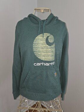 Carhartt Rain Defender Hoodie Womens Small Green Relaxed Fit Logo Pullover Sweat